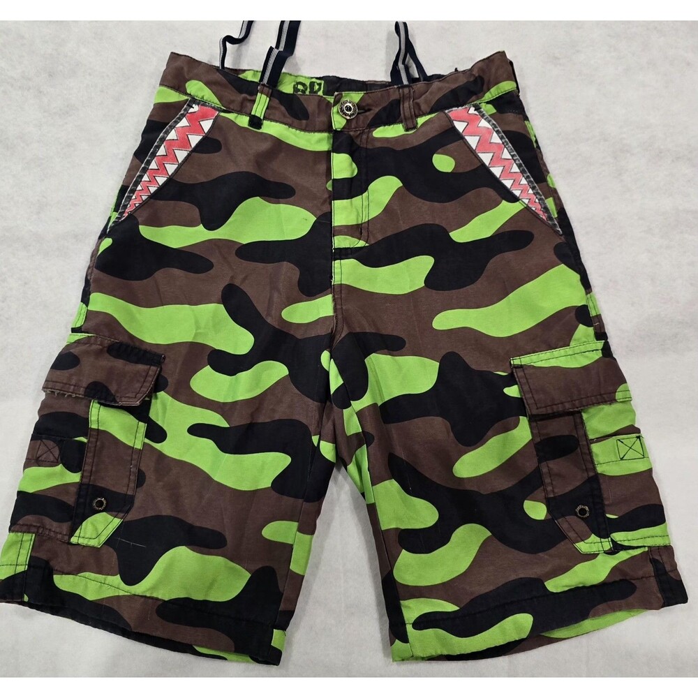 Brothers Boys Size 12 Neon Camo Cargo Swim Shorts Shark Mouth Pockets BAPE Style